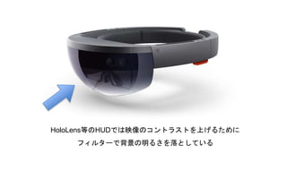 HoloLens等のHUDでは映像のコントラストを上げるために
フィルターで背景の明るさを落としている
 