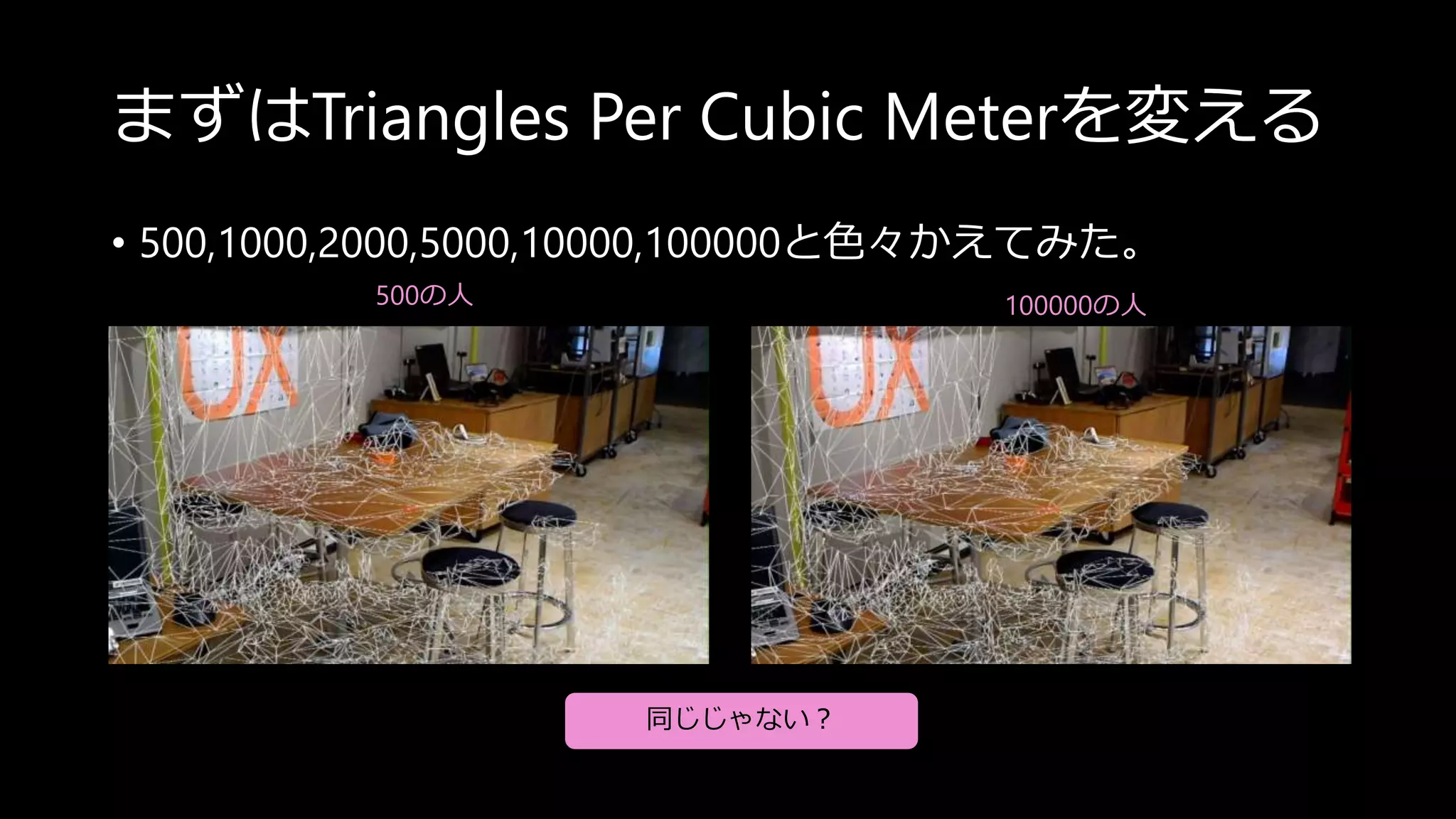 まずはTriangles Per Cubic Meterを変える
• 500,1000,2000,5000,10000,100000と色々かえてみた。
同じじゃない？
500の人 100000の人
 