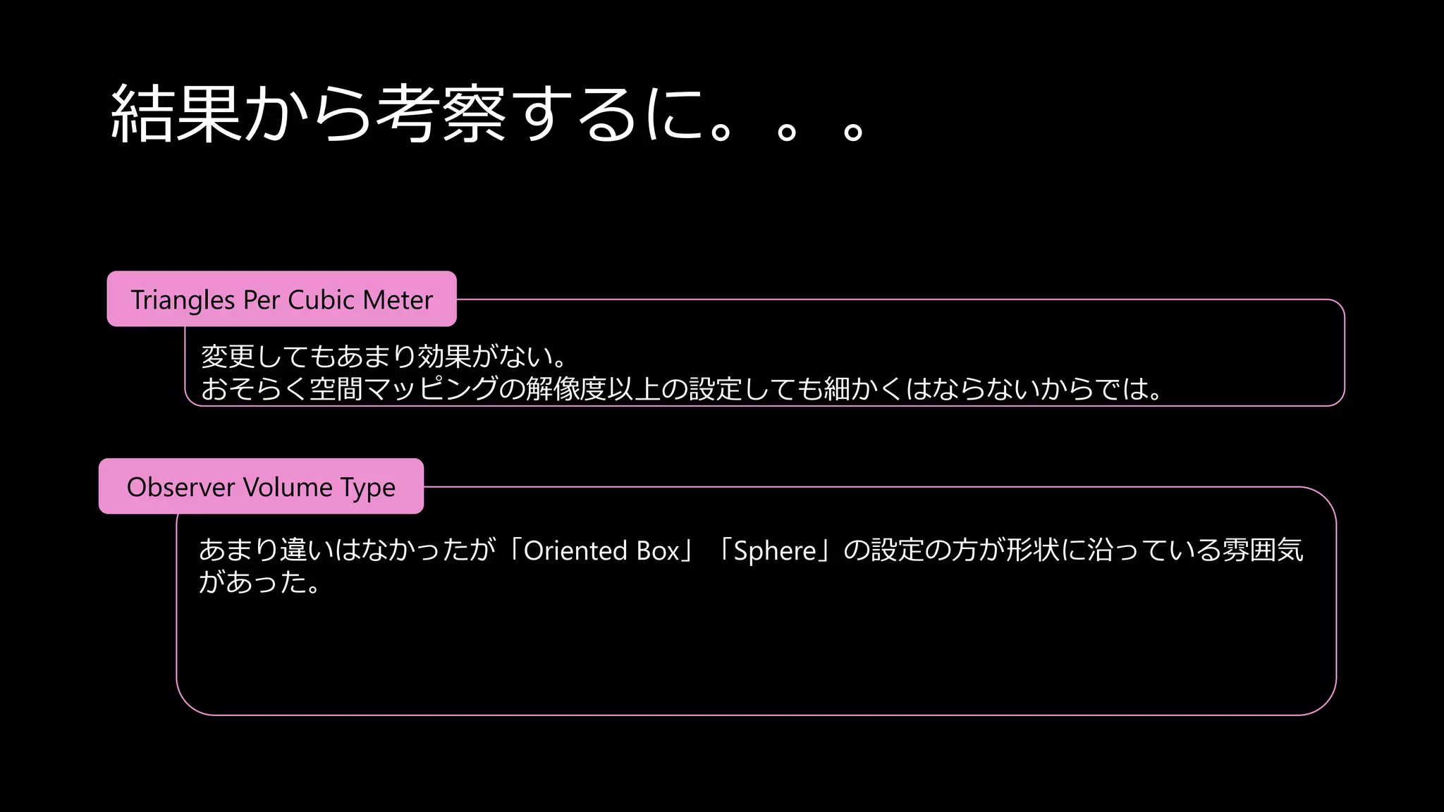 結果から考察するに。。。
変更してもあまり効果がない。
おそらく空間マッピングの解像度以上の設定しても細かくはならないからでは。
Triangles Per Cubic Meter
あまり違いはなかったが「Oriented Box」「Sphere」の設定の方が形状に沿っている雰囲気
があった。
Observer Volume Type
 