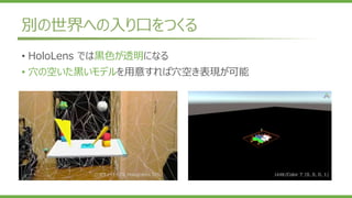 別の世界への入り口をつくる
Unlit/Color で (0, 0, 0, 1)公式チュートリアル Holograms 101
• HoloLens では黒色が透明になる
• 穴の空いた黒いモデルを用意すれば穴空き表現が可能
 