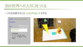 別の世界への入り口をつくる
Shader "HoloLens/Occlusion"
{
SubShader
{
…
Pass
{
ColorMask 0
ZWrite On
CGPROGRAM
#pragma vertex vert
#pragma fragment frag
ENDCG
}
}
}
色は出力しないが、
デプスは出力する
• これを回避するには ColorMask 0 をする
 