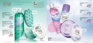 




114 Soins du corps  capillaires Soins du corps  capillaires 115
Votre Maison –Votre Spa
 Savon de Massage Exfoliant
Swedish Spa
Savon nettoyant, massant, et exfoliant
avec Hydracare+, les extraits d’Algues de
la mer et le parfum marin réjouissant.
100 g.
18480 29 DH
23 DH
 Masque Nourrissant pour les
Pieds Swedish Spa
Dynamisez vos pieds avec HydraCare+,
les algues brunes, le Fucus Vesiculosus, le
Beurre de Karité et de la Cire d’Abeille,
ce masque protège et nourrit. 100 ml.
23738 69 DH
49 DH
 Gel Douche Stimulant
Swedish Spa
Revigorez avec du HydraCare+
adoucissant, l’Algue de la Mer viviﬁant et
des perles minuscules stimulantes.
200 ml.
18481 65 DH
45 DH
Dorlotez,rafraîchissez
et ravivez!
Inspirés par le dynamisme
de l’eau, nous avons le
plaisir de vous présenter
l’Algue de Mer, FUCUS
VESICULOSUS. Sa teneur
élevée en minéraux et en acides aminés
toniﬁe et favorise l’hydratation de la
peau, qui devient de plus en plus douce.
Inspiré de la pureté de l’Air, nous vous offrons de la
MENTHE PURE, connue pour ses effets
RAFRAÎCHISSANTS et PURIFIANTS. Cette huile
essentielle contient du Menthol, avec des propriétés
APAISANTES et ADOUCISSANTES pour la peau.
Gel Douche aux
perles hydratantes
Rafraichie et
apaisée
Crème
Adoucissante
pour le Corps
Aide à améliorer
la circulation
Une nutrition
qui dure*
Revigore et
Hydrate
*testé en laboratoire
§q∞Kb‘±MAj
ÅU°uÊ∞∑b∞Op
ÆMUŸ±d©V∞Kd§KOs
§q«ùß∑∫LUÂ
±e¥q∞KFd‚¥bËÂ©u«‰«∞OuÂ∞KMºU¡
Ød¥r±d©V±GcÍ∞∞πºr
 Crème Hydratante Soufﬂé pour
le Corps Swedish Spa
200 ml.
21875 69 DH
49 DH
 Gel Douche Rafraichissant
Swedish Spa
200 ml.
21876 65 DH
45 DH
 Déodorant Anti-transpirant
Swedish Spa
50 ml.
23739 55 DH
37 DH
 