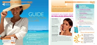 C
B
A
1
2
3
4
PROTECTION SOLAIRE PROTECTION SOLAIRE
144 145
GUIDE
PROTECTION
SOLAIRE
Enﬁn l’été, et nous attendons avec impatience les
plus longues journées de soleil et de détente. Mais
n’oubliez pas, le soleil peut également être nocif
pour la peau. C’est pourquoi nous vous avons
préparé un guide exhaustif sur la
protection solaire.
Comment optimiser l’utilisation des produits
Sunzone formulés sur-mesure, pour de
meilleurs résultats
Astuces de sécurité au soleil – toute
l’information nécessaire pour une
protection efﬁcace
Des précautions supplémentaires à prendre
pour éviter les coups de soleil
PROTÉGEZ-VOUS!
Grâce à notre nouvelle gamme
Sunzone encore plus performante.
Voir pages 140 à 143.
Tout sur Sunzone…
LaTechnologie de Protection Cellulaire est présente dans chaque
produit Sunzone, associée à des ﬁltres UVA et UVB ultra
efﬁcaces et de laVitamine E anti-oxydante, qui agissent en
synergie pour protéger la peau des méfaits du soleil.
COMMENT LES UTILISER POUR
DE MEILLEURS RÉSULTATS
Avant la baignade
Toutes les protections
solaires sont résistantes à
l’eau, mais n’oubliez pas de
renouveler leur application
au moins toutes les 2 heures
si vous vous baignez ou
transpirez.
Soin spécial visage
Utilisez nos écrans
solaires spécial visage, ils
regorgent de composants
destinés à empêcher la
brillance du visage. Ils
contiennent également
des bienfaits hydratant,
nourrissant et anti-âge.
Comment appliquer
correctement votre
protection solaire
Commencez 20 minutes avant l’exposition au soleil,
aﬁn de laisser du temps à la peau pour absorber les produits. Utilisez
plusieurs noisettes de crème aﬁn de couvrir tout le corps (et pas
moins). Insistez sur les zones particulièrement exposées telles que les
oreilles, les mains, le cou et les genoux. Et assurez-vous d’apaiser votre
peau après l’exposition au soleil, les lotions Sunzone enrichies à l’Aloès
agiront à merveille!
11
4LE MOMENT DE LA JOURNÉE
C’est entre 11H et 15H qu’il vous faut la
protection solaire la plus élevée, lorsque le
soleil est le plus fort.
L’ENVIRONNEMENT
Le sable, l’eau et la neige reﬂètent jusqu’à 90%
de la luminosité, ce qui augmente les risques
liés au soleil.
LE TYPE DE PEAU
Si votre peau est sensible au soleil ou très
claire, soyez prudent lors de l’exposition au
soleil.
APRÈS L’EXPOSITION
Nos merveilleux produits Après-Soleil (p. 142)
ont un effet rafraichissant fantastique, ils apportent
l’hydratation nécessaire et contribuent à empêcher
la peau de se dessécher et de peler après l’exposition
au soleil.
Soyez ultra prudents!
Utilisez une protection solaire
ﬁable à chaque fois que vous vous
exposez au soleil.
Portez des vêtements protecteurs,
un chapeau à large rebords et des
lunettes de soleil aﬁn de protéger
votre visage et vos yeux,en
complément des écrans solaires.
Limitez l’exposition au soleil du
milieu de la journée,entre 11H
et 15H
LE CLIMAT
Ne vous méprenez pas, si le vent vous
rafraichit, ou si vous êtes sous les nuages, le
soleil est aussi là. Les nuages laissent passer
beaucoup de rayons UV. Pensez à la protection
solaire!
LE MOMENT DE LA JOURNÉELE MOMENT DE LA JOURNÉELE MOMENT DE LA JOURNÉE
SUPER
ASTUCES
 