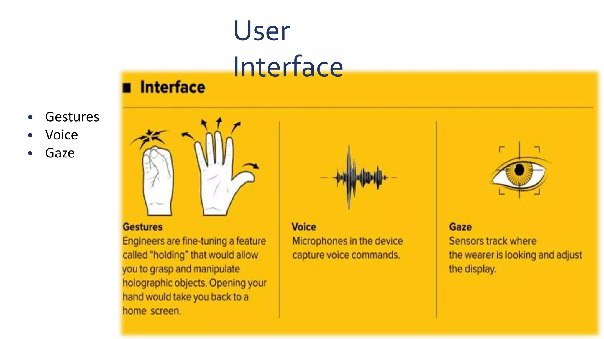 User
Interface
• Gestures
• Voice
• Gaze
 