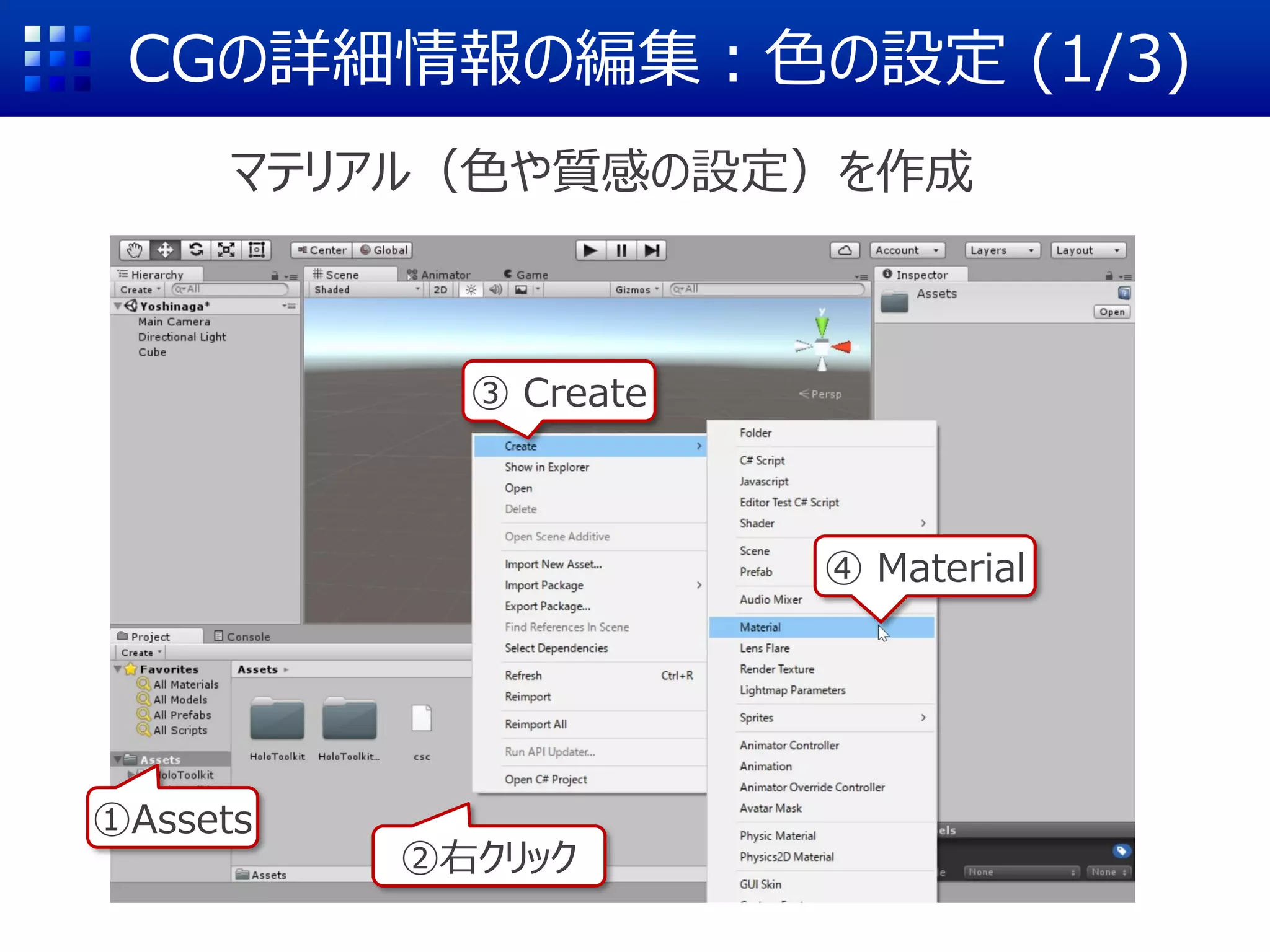 数値を用いたCG位置・サイズの指定
クリック
Positionを0 0 1.2に変更 Scaleを全て0.15に変更
※位置や大きさの単位はm
Inspector(≒詳細情報)
 