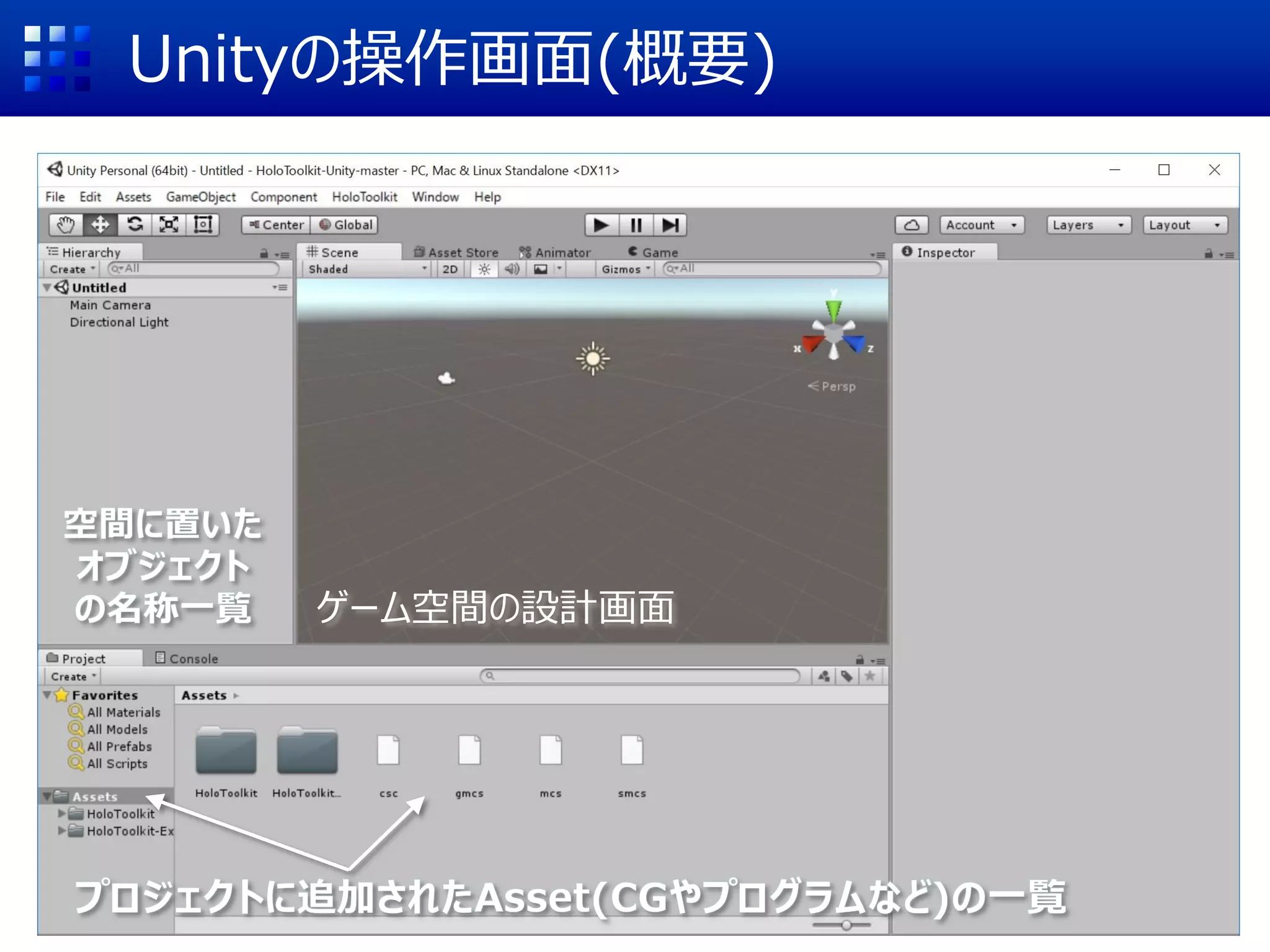 プロジェクトを作成
HoloToolkit-Unity-masterフォルダを開き、[フォルダーの選択]をクリック
HoloToolkit-Unity-master
フォルダーの選択
HoloToolkit-Unity-master
 