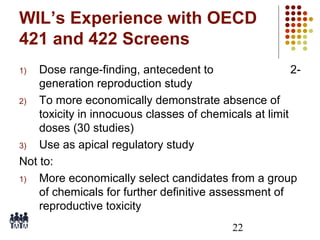 WIL’s Experience with OECD
421 and 422 Screens
Dose range-finding, antecedent to
2generation reproduction study
2)
To more economically demonstrate absence of
toxicity in innocuous classes of chemicals at limit
doses (30 studies)
3)
Use as apical regulatory study
Not to:
1)
More economically select candidates from a group
of chemicals for further definitive assessment of
reproductive toxicity
1)

22

 