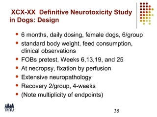 XCX-XX Definitive Neurotoxicity Study
in Dogs: Design
6 months, daily dosing, female dogs, 6/group
 standard body weight, feed consumption,
clinical observations
 FOBs pretest, Weeks 6,13,19, and 25
 At necropsy, fixation by perfusion
 Extensive neuropathology
 Recovery 2/group, 4-weeks
 (Note multiplicity of endpoints)


35

 
