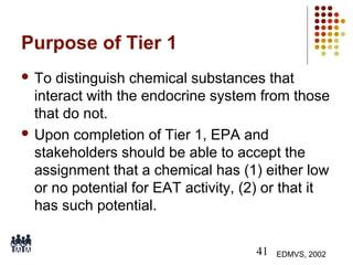 Purpose of Tier 1
 To

distinguish chemical substances that
interact with the endocrine system from those
that do not.
 Upon completion of Tier 1, EPA and
stakeholders should be able to accept the
assignment that a chemical has (1) either low
or no potential for EAT activity, (2) or that it
has such potential.
41

EDMVS, 2002

 