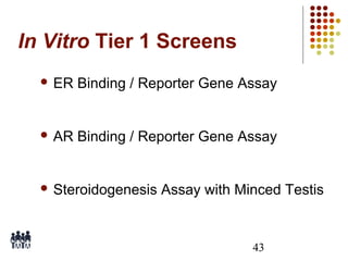 In Vitro Tier 1 Screens
 ER

Binding / Reporter Gene Assay

 AR

Binding / Reporter Gene Assay

 Steroidogenesis

Assay with Minced Testis

43

 