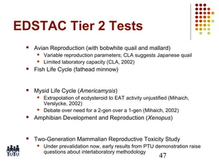 EDSTAC Tier 2 Tests


Avian Reproduction (with bobwhite quail and mallard)



Variable reproduction parameters; CLA suggests Japanese quail
Limited laboratory capacity (CLA, 2002)



Fish Life Cycle (fathead minnow)



Mysid Life Cycle (Americamysis)



Extrapolation of ecdysteroid to EAT activity unjustified (Mihaich,
Verslycke, 2002)
Debate over need for a 2-gen over a 1-gen (Mihaich, 2002)



Amphibian Development and Reproduction (Xenopus)



Two-Generation Mammalian Reproductive Toxicity Study


Under prevalidation now, early results from PTU demonstration raise
questions about interlaboratory methodology

47

 