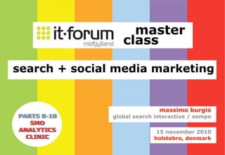 master
class
search + social media marketing
15 november 2010
holstebro, denmark
massimo burgio
global search interactive / sempoPARTS 8-10
SMO
ANALYTICS
CLINIC
 