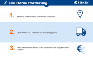 Die Herausforderung

1.
2.
3.
LKW Ein- und Ausfahrten an mehreren Standorten
Hohe Anzahl von Leerfahrten auf dem Werksgelände
Hohe administrative Kosten für die Koordination der Aufgaben in der
Logistik
 