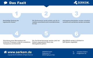Das Fazit
Copyright  2015 SERKEM. All Rights Reserved
 www.serkem.de SERKEM GmbH
Kollmering 14
94535 Eging am See
	 +49 8544 97260-0
 	 info@serkem.de
1
4
2
5
3
6
Einrichtung eines Warnsystems bei
kritischen Prozessen sorgt für zusätzliche
Transparenz und Sicherheit
Nachhaltige Senkung der
logistischen Kosten
Auftragsdurchlaufzeiten wurden erheblich
verkürzt und Leerfahrten werden vermieden
Die Flurförderfahrzeuge werden jetzt bei
Holsten wegeoptimiert durch das
Werksgelände geführt
Alle Abläufe werden in Echtzeit im
SAP-System abgebildet
Die Performance wurde erhöht und die In-
vestition amortisierte sich innerhalb kürzes-
ter Zeit
 