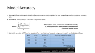 Model Accuracy
• Along with forecasted values, MAPE and prediction accuracy is displayed so user knows how much accurate the forecasts
are.
• How MAPE and Accuracy is calculated is explained below :
• Using this formula , MAPE can be calculated for 5 weeks ahead forecasts using recent most 5 weeks data as follows:
MAPE :
Where yt is the actual, known series value for time period t,
y^t is the forecast value of the variable Y for time period t
N is number of observations
MAPE = 14%
Hence accuracy = 100-MAPE = 86% , So model is accurate
#Week Actual Y Predicted Y^ Abs((Actual - predicted)/actual)*100
W10 192 190 1.04
W11 177 180 1.69
W12 207 202 2.42
W13 216 209 3.24
W14 193 204 5.70
MAPE = Sum(W5 to W9) =14
Accuracy =100-MAPE=86
 