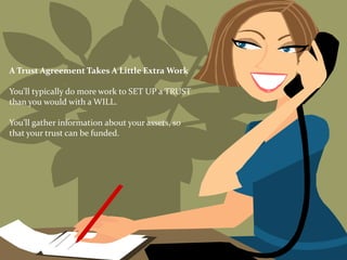 A Trust Agreement Takes A Little Extra Work

You’ll typically do more work to SET UP a TRUST
than you would with a WILL.

You’ll gather information about your assets, so
that your trust can be funded.
 
