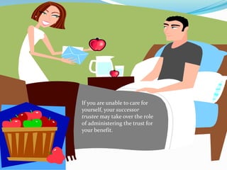 If you are unable to care for
yourself, your successor
trustee may take over the role
of administering the trust for
your benefit.
 