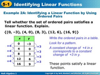 Holt alg1 ch5 1 identify linear functions | PPT