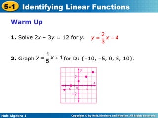 Holt alg1 ch5 1 identify linear functions | PPT