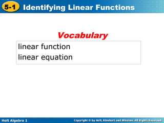 Holt alg1 ch5 1 identify linear functions | PPT