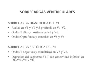 SOBRECARGAS VENTRICULARES

SOBRECARGA DIASTÓLICA DEL VI
• R altas en V5 y V6 y S profunda en V1-V2.
• Ondas T altas y positivas en V5 y V6.
• Ondas Q profunda y estrechas en V5 y V6.


SOBRECARGA SISTÓLICA DEL VI
• Ondas T negativas y asimétricas en V5 y V6.
• Depresión del segmento ST-T con concavidad inferior en
  D1,AVL,V5 y V6.
 