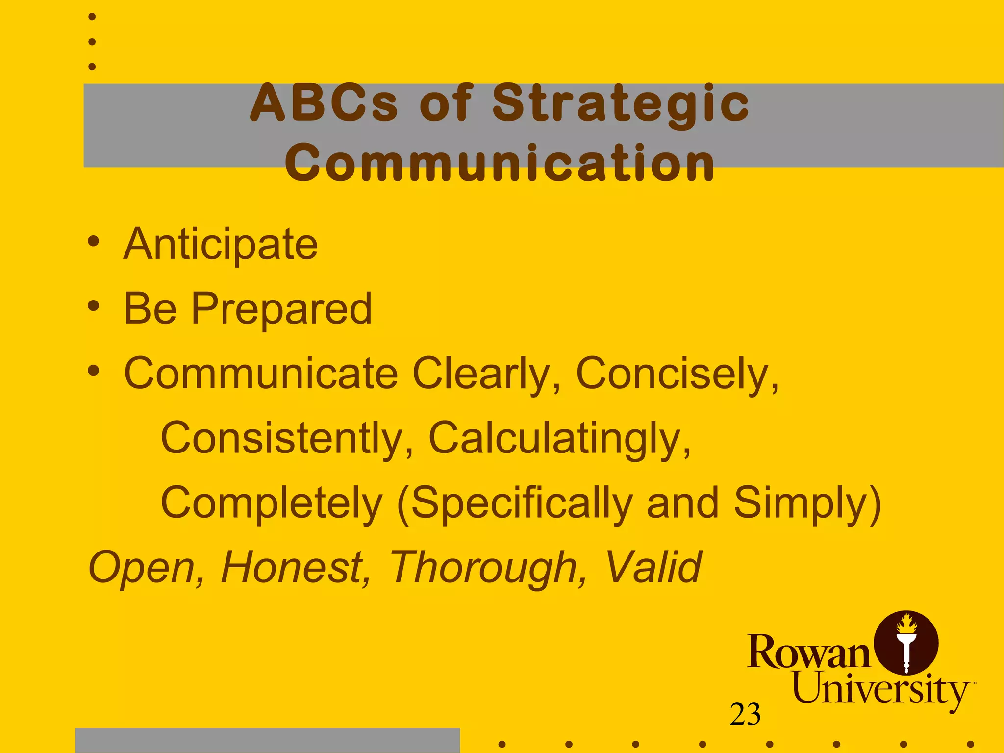 23
ABCs of Strategic
Communication
• Anticipate
• Be Prepared
• Communicate Clearly, Concisely,
Consistently, Calculatingly,
Completely (Specifically and Simply)
Open, Honest, Thorough, Valid
 