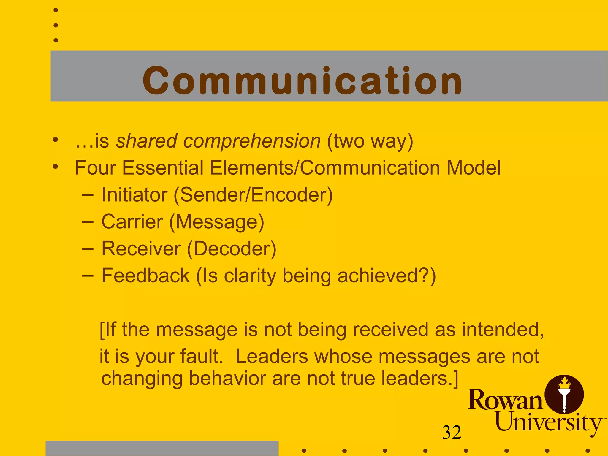 32
Communication
• …is shared comprehension (two way)
• Four Essential Elements/Communication Model
– Initiator (Sender/Encoder)
– Carrier (Message)
– Receiver (Decoder)
– Feedback (Is clarity being achieved?)
[If the message is not being received as intended,
it is your fault. Leaders whose messages are not
changing behavior are not true leaders.]
 