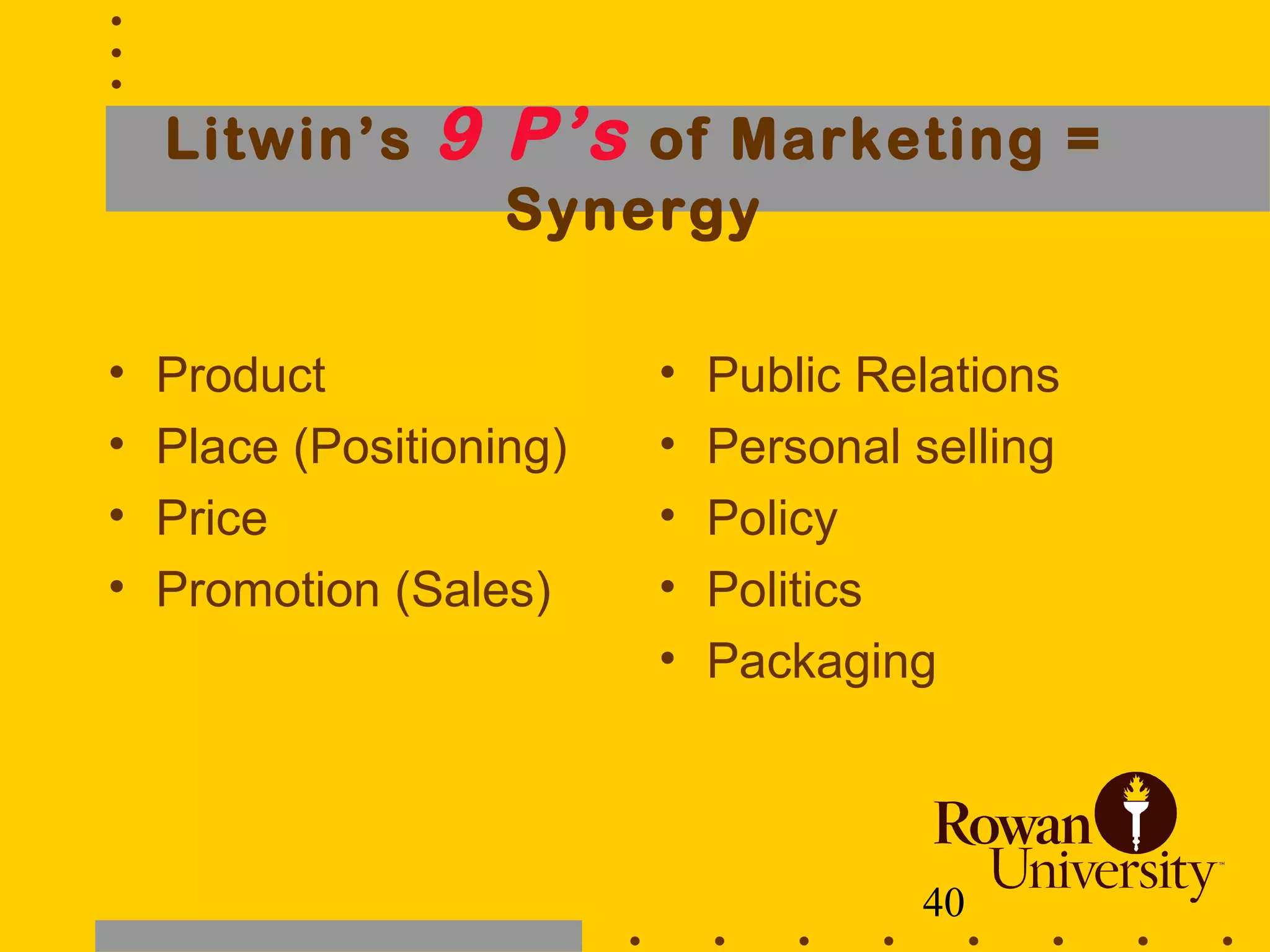 40
Litwin’s 9 P’s of Marketing =
Synergy
• Product
• Place (Positioning)
• Price
• Promotion (Sales)
• Public Relations
• Personal selling
• Policy
• Politics
• Packaging
 