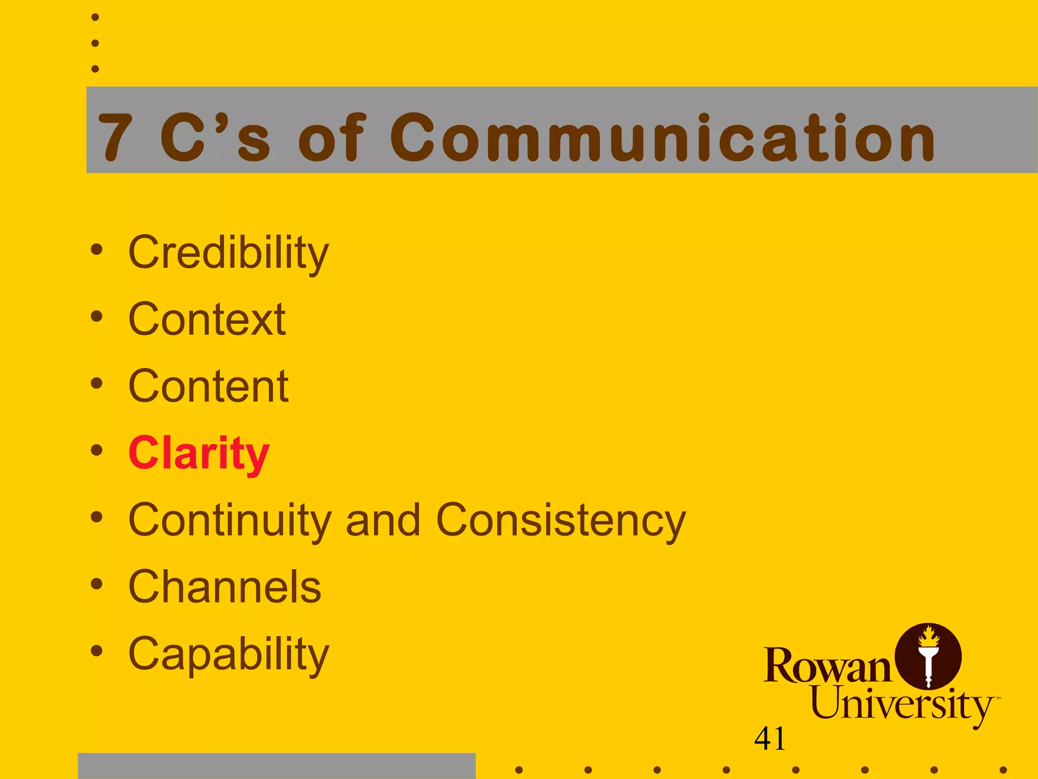 41
7 C’s of Communication
• Credibility
• Context
• Content
• Clarity
• Continuity and Consistency
• Channels
• Capability
 