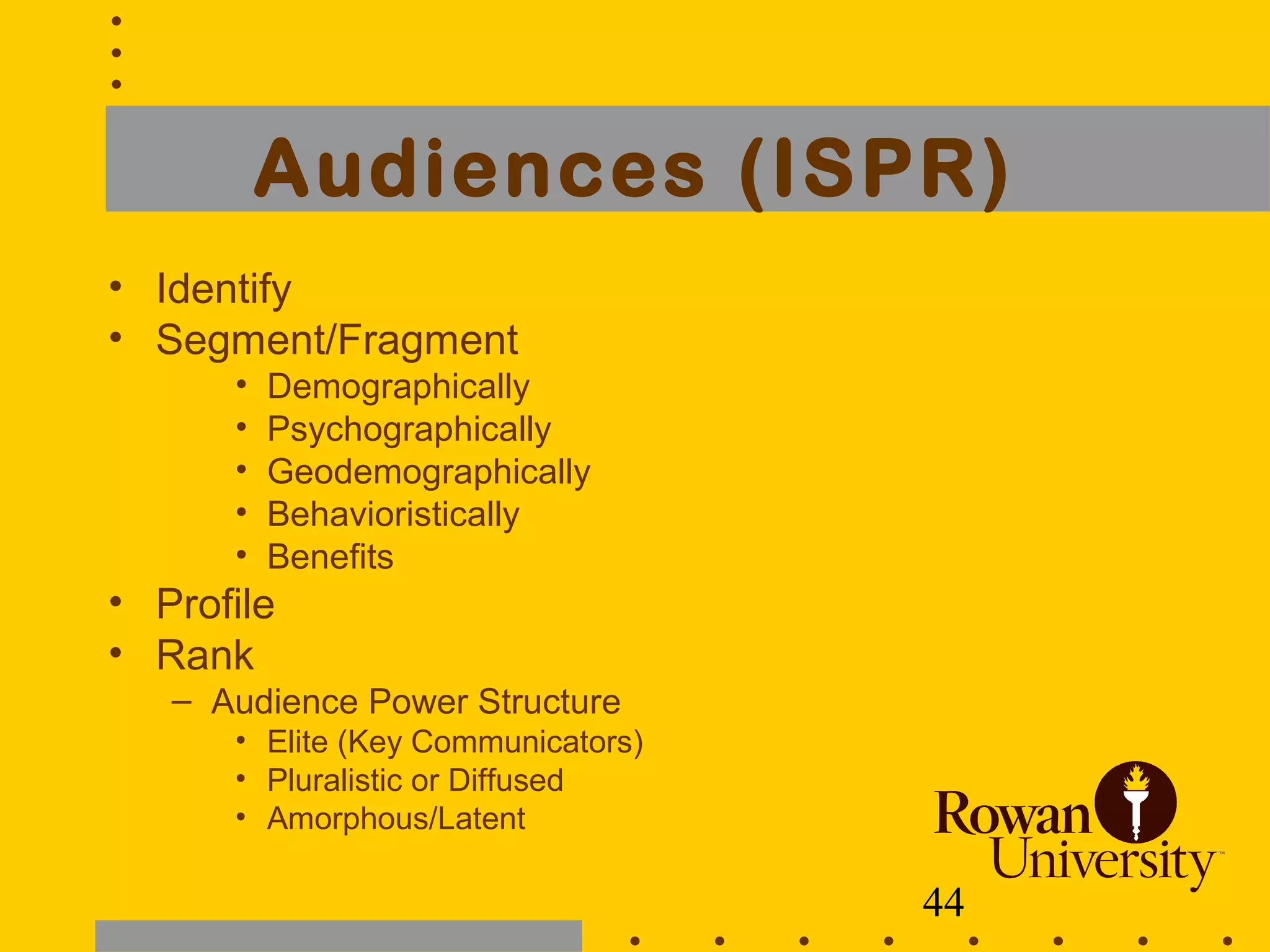 44
Audiences (ISPR)
• Identify
• Segment/Fragment
• Demographically
• Psychographically
• Geodemographically
• Behavioristically
• Benefits
• Profile
• Rank
– Audience Power Structure
• Elite (Key Communicators)
• Pluralistic or Diffused
• Amorphous/Latent
 
