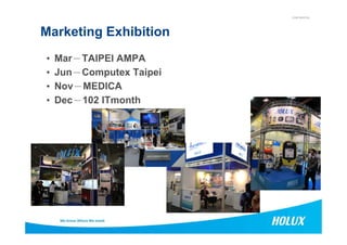 CONFIDENTIAL
Marketing Exhibition
• Mar－－－－TAIPEI AMPA
• Jun－－－－Computex Taipei
• Nov－－－－MEDICA
• Dec－－－－102 ITmonth
 