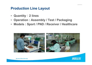 CONFIDENTIAL
Production Line Layout
• Quantity：：：：2 lines
• Operation : Assembly / Test / Packaging
• Models : Sport / PND / Receiver / Healthcare
 