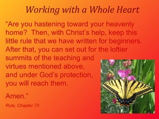 Working with a Whole Heart “ Are you hastening toward your heavenly home?  Then, with Christ’s help, keep this little rule that we have written for beginners.  After that, you can set out for the loftier summits of the teaching and  virtues mentioned above,  and under God’s protection,  you will reach them.  Amen.” Rule, Chapter 73 