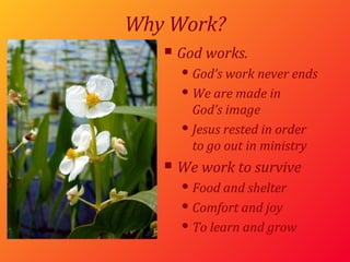 Why Work? God works. God’s work never ends We are made in  God’s image Jesus rested in order to go out in ministry We work to survive Food and shelter Comfort and joy To learn and grow  