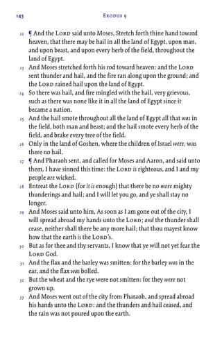 145 Exodus 9
¶ And the Lord said unto Moses, Stretch forth thine hand toward
heaven, that there may be hail in all the land of Egypt, upon man,
and upon beast, and upon every herb of the field, throughout the
land of Egypt.
And Moses stretched forth his rod toward heaven: and the Lord
sent thunder and hail, and the fire ran along upon the ground; and
the Lord rained hail upon the land of Egypt.
So there was hail, and fire mingled with the hail, very grievous,
such as there was none like it in all the land of Egypt since it
became a nation.
And the hail smote throughout all the land of Egypt all that was in
the field, both man and beast; and the hail smote every herb of the
field, and brake every tree of the field.
Only in the land of Goshen, where the children of Israel were, was
there no hail.
¶ And Pharaoh sent, and called for Moses and Aaron, and said unto
them, I have sinned this time: the Lord is righteous, and I and my
people are wicked.
Entreat the Lord (for it is enough) that there be no more mighty
thunderings and hail; and I will let you go, and ye shall stay no
longer.
And Moses said unto him, As soon as I am gone out of the city, I
will spread abroad my hands unto the Lord; and the thunder shall
cease, neither shall there be any more hail; that thou mayest know
how that the earth is the Lord’s.
But as for thee and thy servants, I know that ye will not yet fear the
Lord God.
And the flax and the barley was smitten: for the barley was in the
ear, and the flax was bolled.
But the wheat and the rye were not smitten: for they were not
grown up.
And Moses went out of the city from Pharaoh, and spread abroad
his hands unto the Lord: and the thunders and hail ceased, and
the rain was not poured upon the earth.
22
23
24
25
26
27
28
29
30
31
32
33
 