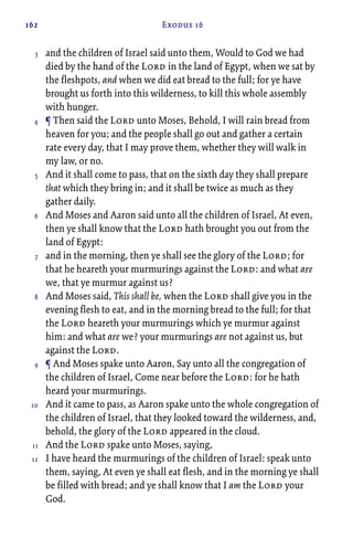 162 Exodus 16
and the children of Israel said unto them, Would to God we had
died by the hand of the Lord in the land of Egypt, when we sat by
the fleshpots, and when we did eat bread to the full; for ye have
brought us forth into this wilderness, to kill this whole assembly
with hunger.
¶ Then said the Lord unto Moses, Behold, I will rain bread from
heaven for you; and the people shall go out and gather a certain
rate every day, that I may prove them, whether they will walk in
my law, or no.
And it shall come to pass, that on the sixth day they shall prepare
that which they bring in; and it shall be twice as much as they
gather daily.
And Moses and Aaron said unto all the children of Israel, At even,
then ye shall know that the Lord hath brought you out from the
land of Egypt:
and in the morning, then ye shall see the glory of the Lord; for
that he heareth your murmurings against the Lord: and what are
we, that ye murmur against us?
And Moses said, This shall be, when the Lord shall give you in the
evening flesh to eat, and in the morning bread to the full; for that
the Lord heareth your murmurings which ye murmur against
him: and what are we? your murmurings are not against us, but
against the Lord.
¶ And Moses spake unto Aaron, Say unto all the congregation of
the children of Israel, Come near before the Lord: for he hath
heard your murmurings.
And it came to pass, as Aaron spake unto the whole congregation of
the children of Israel, that they looked toward the wilderness, and,
behold, the glory of the Lord appeared in the cloud.
And the Lord spake unto Moses, saying,
I have heard the murmurings of the children of Israel: speak unto
them, saying, At even ye shall eat flesh, and in the morning ye shall
be filled with bread; and ye shall know that I am the Lord your
God.
3
4
5
6
7
8
9
10
11
12
 