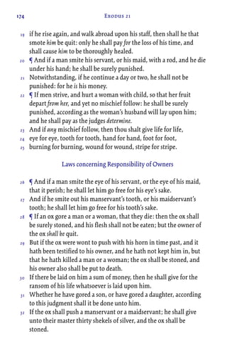 174 Exodus 21
if he rise again, and walk abroad upon his staff, then shall he that
smote him be quit: only he shall pay for the loss of his time, and
shall cause him to be thoroughly healed.
¶ And if a man smite his servant, or his maid, with a rod, and he die
under his hand; he shall be surely punished.
Notwithstanding, if he continue a day or two, he shall not be
punished: for he is his money.
¶ If men strive, and hurt a woman with child, so that her fruit
depart from her, and yet no mischief follow: he shall be surely
punished, according as the woman’s husband will lay upon him;
and he shall pay as the judges determine.
And if any mischief follow, then thou shalt give life for life,
eye for eye, tooth for tooth, hand for hand, foot for foot,
burning for burning, wound for wound, stripe for stripe.
Laws concerning Responsibility of Owners
¶ And if a man smite the eye of his servant, or the eye of his maid,
that it perish; he shall let him go free for his eye’s sake.
And if he smite out his manservant’s tooth, or his maidservant’s
tooth; he shall let him go free for his tooth’s sake.
¶ If an ox gore a man or a woman, that they die: then the ox shall
be surely stoned, and his flesh shall not be eaten; but the owner of
the ox shall be quit.
But if the ox were wont to push with his horn in time past, and it
hath been testified to his owner, and he hath not kept him in, but
that he hath killed a man or a woman; the ox shall be stoned, and
his owner also shall be put to death.
If there be laid on him a sum of money, then he shall give for the
ransom of his life whatsoever is laid upon him.
Whether he have gored a son, or have gored a daughter, according
to this judgment shall it be done unto him.
If the ox shall push a manservant or a maidservant; he shall give
unto their master thirty shekels of silver, and the ox shall be
stoned.
19
20
21
22
23
24
25
26
27
28
29
30
31
32
 