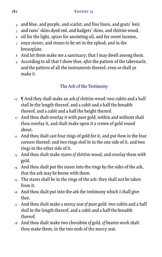 182 Exodus 25
and blue, and purple, and scarlet, and fine linen, and goats’ hair,
and rams’ skins dyed red, and badgers’ skins, and shittim wood,
oil for the light, spices for anointing oil, and for sweet incense,
onyx stones, and stones to be set in the ephod, and in the
breastplate.
And let them make me a sanctuary; that I may dwell among them.
According to all that I show thee, after the pattern of the tabernacle,
and the pattern of all the instruments thereof, even so shall ye
make it.
The Ark of the Testimony
¶ And they shall make an ark of shittim wood: two cubits and a half
shall be the length thereof, and a cubit and a half the breadth
thereof, and a cubit and a half the height thereof.
And thou shalt overlay it with pure gold, within and without shalt
thou overlay it, and shalt make upon it a crown of gold round
about.
And thou shalt cast four rings of gold for it, and put them in the four
corners thereof; and two rings shall be in the one side of it, and two
rings in the other side of it.
And thou shalt make staves of shittim wood, and overlay them with
gold.
And thou shalt put the staves into the rings by the sides of the ark,
that the ark may be borne with them.
The staves shall be in the rings of the ark: they shall not be taken
from it.
And thou shalt put into the ark the testimony which I shall give
thee.
And thou shalt make a mercy seat of pure gold: two cubits and a half
shall be the length thereof, and a cubit and a half the breadth
thereof.
And thou shalt make two cherubim of gold, of beaten work shalt
thou make them, in the two ends of the mercy seat.
4
5
6
7
8
9
10
11
12
13
14
15
16
17
18
 