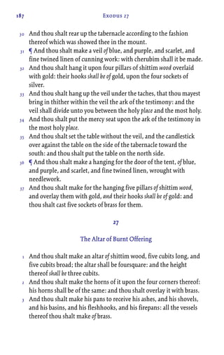 187 Exodus 27
And thou shalt rear up the tabernacle according to the fashion
thereof which was showed thee in the mount.
¶ And thou shalt make a veil of blue, and purple, and scarlet, and
fine twined linen of cunning work: with cherubim shall it be made.
And thou shalt hang it upon four pillars of shittim wood overlaid
with gold: their hooks shall be of gold, upon the four sockets of
silver.
And thou shalt hang up the veil under the taches, that thou mayest
bring in thither within the veil the ark of the testimony: and the
veil shall divide unto you between the holy place and the most holy.
And thou shalt put the mercy seat upon the ark of the testimony in
the most holy place.
And thou shalt set the table without the veil, and the candlestick
over against the table on the side of the tabernacle toward the
south: and thou shalt put the table on the north side.
¶ And thou shalt make a hanging for the door of the tent, of blue,
and purple, and scarlet, and fine twined linen, wrought with
needlework.
And thou shalt make for the hanging five pillars of shittim wood,
and overlay them with gold, and their hooks shall be of gold: and
thou shalt cast five sockets of brass for them.
27
The Altar of Burnt Offering
And thou shalt make an altar of shittim wood, five cubits long, and
five cubits broad; the altar shall be foursquare: and the height
thereof shall be three cubits.
And thou shalt make the horns of it upon the four corners thereof:
his horns shall be of the same: and thou shalt overlay it with brass.
And thou shalt make his pans to receive his ashes, and his shovels,
and his basins, and his fleshhooks, and his firepans: all the vessels
thereof thou shalt make of brass.
30
31
32
33
34
35
36
37
1
2
3
 