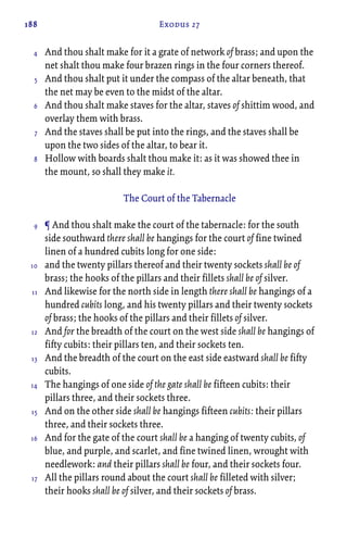 188 Exodus 27
And thou shalt make for it a grate of network of brass; and upon the
net shalt thou make four brazen rings in the four corners thereof.
And thou shalt put it under the compass of the altar beneath, that
the net may be even to the midst of the altar.
And thou shalt make staves for the altar, staves of shittim wood, and
overlay them with brass.
And the staves shall be put into the rings, and the staves shall be
upon the two sides of the altar, to bear it.
Hollow with boards shalt thou make it: as it was showed thee in
the mount, so shall they make it.
The Court of the Tabernacle
¶ And thou shalt make the court of the tabernacle: for the south
side southward there shall be hangings for the court of fine twined
linen of a hundred cubits long for one side:
and the twenty pillars thereof and their twenty sockets shall be of
brass; the hooks of the pillars and their fillets shall be of silver.
And likewise for the north side in length there shall be hangings of a
hundred cubits long, and his twenty pillars and their twenty sockets
of brass; the hooks of the pillars and their fillets of silver.
And for the breadth of the court on the west side shall be hangings of
fifty cubits: their pillars ten, and their sockets ten.
And the breadth of the court on the east side eastward shall be fifty
cubits.
The hangings of one side of the gate shall be fifteen cubits: their
pillars three, and their sockets three.
And on the other side shall be hangings fifteen cubits: their pillars
three, and their sockets three.
And for the gate of the court shall be a hanging of twenty cubits, of
blue, and purple, and scarlet, and fine twined linen, wrought with
needlework: and their pillars shall be four, and their sockets four.
All the pillars round about the court shall be filleted with silver;
their hooks shall be of silver, and their sockets of brass.
4
5
6
7
8
9
10
11
12
13
14
15
16
17
 