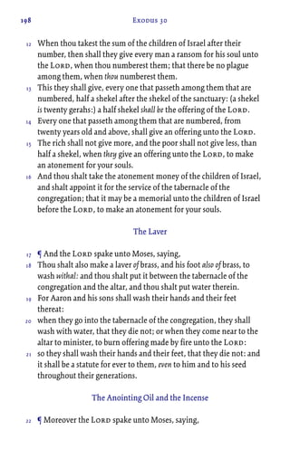 198 Exodus 30
When thou takest the sum of the children of Israel after their
number, then shall they give every man a ransom for his soul unto
the Lord, when thou numberest them; that there be no plague
among them, when thou numberest them.
This they shall give, every one that passeth among them that are
numbered, half a shekel after the shekel of the sanctuary: (a shekel
is twenty gerahs:) a half shekel shall be the offering of the Lord.
Every one that passeth among them that are numbered, from
twenty years old and above, shall give an offering unto the Lord.
The rich shall not give more, and the poor shall not give less, than
half a shekel, when they give an offering unto the Lord, to make
an atonement for your souls.
And thou shalt take the atonement money of the children of Israel,
and shalt appoint it for the service of the tabernacle of the
congregation; that it may be a memorial unto the children of Israel
before the Lord, to make an atonement for your souls.
The Laver
¶ And the Lord spake unto Moses, saying,
Thou shalt also make a laver of brass, and his foot also of brass, to
wash withal: and thou shalt put it between the tabernacle of the
congregation and the altar, and thou shalt put water therein.
For Aaron and his sons shall wash their hands and their feet
thereat:
when they go into the tabernacle of the congregation, they shall
wash with water, that they die not; or when they come near to the
altar to minister, to burn offering made by fire unto the Lord:
so they shall wash their hands and their feet, that they die not: and
it shall be a statute for ever to them, even to him and to his seed
throughout their generations.
The Anointing Oil and the Incense
¶ Moreover the Lord spake unto Moses, saying,
12
13
14
15
16
17
18
19
20
21
22
 