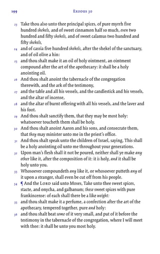 199 Exodus 30
Take thou also unto thee principal spices, of pure myrrh five
hundred shekels, and of sweet cinnamon half so much, even two
hundred and fifty shekels, and of sweet calamus two hundred and
fifty shekels,
and of cassia five hundred shekels, after the shekel of the sanctuary,
and of oil olive a hin:
and thou shalt make it an oil of holy ointment, an ointment
compound after the art of the apothecary: it shall be a holy
anointing oil.
And thou shalt anoint the tabernacle of the congregation
therewith, and the ark of the testimony,
and the table and all his vessels, and the candlestick and his vessels,
and the altar of incense,
and the altar of burnt offering with all his vessels, and the laver and
his foot.
And thou shalt sanctify them, that they may be most holy:
whatsoever toucheth them shall be holy.
And thou shalt anoint Aaron and his sons, and consecrate them,
that they may minister unto me in the priest’s office.
And thou shalt speak unto the children of Israel, saying, This shall
be a holy anointing oil unto me throughout your generations.
Upon man’s flesh shall it not be poured, neither shall ye make any
other like it, after the composition of it: it is holy, and it shall be
holy unto you.
Whosoever compoundeth any like it, or whosoever putteth any of
it upon a stranger, shall even be cut off from his people.
¶ And the Lord said unto Moses, Take unto thee sweet spices,
stacte, and onycha, and galbanum; these sweet spices with pure
frankincense: of each shall there be a like weight:
and thou shalt make it a perfume, a confection after the art of the
apothecary, tempered together, pure and holy:
and thou shalt beat some of it very small, and put of it before the
testimony in the tabernacle of the congregation, where I will meet
with thee: it shall be unto you most holy.
23
24
25
26
27
28
29
30
31
32
33
34
35
36
 