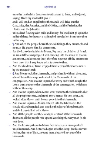 205 Exodus 33
unto the land which I sware unto Abraham, to Isaac, and to Jacob,
saying, Unto thy seed will I give it:
and I will send an angel before thee; and I will drive out the
Canaanite, the Amorite, and the Hittite, and the Perizzite, the
Hivite, and the Jebusite:
unto a land flowing with milk and honey: for I will not go up in the
midst of thee; for thou art a stiffnecked people: lest I consume thee
in the way.
¶ And when the people heard these evil tidings, they mourned: and
no man did put on him his ornaments.
For the Lord had said unto Moses, Say unto the children of Israel,
Ye are a stiffnecked people: I will come up into the midst of thee in
a moment, and consume thee: therefore now put off thy ornaments
from thee, that I may know what to do unto thee.
And the children of Israel stripped themselves of their ornaments
by the mount Horeb.
¶ And Moses took the tabernacle, and pitched it without the camp,
afar off from the camp, and called it the Tabernacle of the
congregation. And it came to pass, that every one which sought the
Lord went out unto the tabernacle of the congregation, which was
without the camp.
And it came to pass, when Moses went out unto the tabernacle, that
all the people rose up, and stood every man at his tent door, and
looked after Moses, until he was gone into the tabernacle.
And it came to pass, as Moses entered into the tabernacle, the
cloudy pillar descended, and stood at the door of the tabernacle,
and the Lord talked with Moses.
And all the people saw the cloudy pillar stand at the tabernacle
door: and all the people rose up and worshipped, every man in his
tent door.
And the Lord spake unto Moses face to face, as a man speaketh
unto his friend. And he turned again into the camp; but his servant
Joshua, the son of Nun, a young man, departed not out of the
tabernacle.
2
3
4
5
6
7
8
9
10
11
 