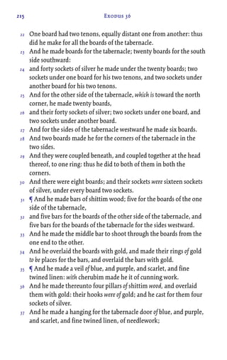 215 Exodus 36
One board had two tenons, equally distant one from another: thus
did he make for all the boards of the tabernacle.
And he made boards for the tabernacle; twenty boards for the south
side southward:
and forty sockets of silver he made under the twenty boards; two
sockets under one board for his two tenons, and two sockets under
another board for his two tenons.
And for the other side of the tabernacle, which is toward the north
corner, he made twenty boards,
and their forty sockets of silver; two sockets under one board, and
two sockets under another board.
And for the sides of the tabernacle westward he made six boards.
And two boards made he for the corners of the tabernacle in the
two sides.
And they were coupled beneath, and coupled together at the head
thereof, to one ring: thus he did to both of them in both the
corners.
And there were eight boards; and their sockets were sixteen sockets
of silver, under every board two sockets.
¶ And he made bars of shittim wood; five for the boards of the one
side of the tabernacle,
and five bars for the boards of the other side of the tabernacle, and
five bars for the boards of the tabernacle for the sides westward.
And he made the middle bar to shoot through the boards from the
one end to the other.
And he overlaid the boards with gold, and made their rings of gold
to be places for the bars, and overlaid the bars with gold.
¶ And he made a veil of blue, and purple, and scarlet, and fine
twined linen: with cherubim made he it of cunning work.
And he made thereunto four pillars of shittim wood, and overlaid
them with gold: their hooks were of gold; and he cast for them four
sockets of silver.
And he made a hanging for the tabernacle door of blue, and purple,
and scarlet, and fine twined linen, of needlework;
22
23
24
25
26
27
28
29
30
31
32
33
34
35
36
37
 
