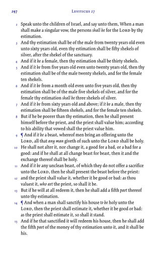 297 Leviticus 27
Speak unto the children of Israel, and say unto them, When a man
shall make a singular vow, the persons shall be for the Lord by thy
estimation.
And thy estimation shall be of the male from twenty years old even
unto sixty years old, even thy estimation shall be fifty shekels of
silver, after the shekel of the sanctuary.
And if it be a female, then thy estimation shall be thirty shekels.
And if it be from five years old even unto twenty years old, then thy
estimation shall be of the male twenty shekels, and for the female
ten shekels.
And if it be from a month old even unto five years old, then thy
estimation shall be of the male five shekels of silver, and for the
female thy estimation shall be three shekels of silver.
And if it be from sixty years old and above; if it be a male, then thy
estimation shall be fifteen shekels, and for the female ten shekels.
But if he be poorer than thy estimation, then he shall present
himself before the priest, and the priest shall value him; according
to his ability that vowed shall the priest value him.
¶ And if it be a beast, whereof men bring an offering unto the
Lord, all that any man giveth of such unto the Lord shall be holy.
He shall not alter it, nor change it, a good for a bad, or a bad for a
good: and if he shall at all change beast for beast, then it and the
exchange thereof shall be holy.
And if it be any unclean beast, of which they do not offer a sacrifice
unto the Lord, then he shall present the beast before the priest:
and the priest shall value it, whether it be good or bad: as thou
valuest it, who art the priest, so shall it be.
But if he will at all redeem it, then he shall add a fifth part thereof
unto thy estimation.
¶ And when a man shall sanctify his house to be holy unto the
Lord, then the priest shall estimate it, whether it be good or bad:
as the priest shall estimate it, so shall it stand.
And if he that sanctified it will redeem his house, then he shall add
the fifth part of the money of thy estimation unto it, and it shall be
his.
2
3
4
5
6
7
8
9
10
11
12
13
14
15
 