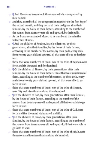 301 Numbers 1
¶ And Moses and Aaron took these men which are expressed by
their names:
and they assembled all the congregation together on the first day of
the second month, and they declared their pedigrees after their
families, by the house of their fathers, according to the number of
the names, from twenty years old and upward, by their polls.
As the Lord commanded Moses, so he numbered them in the
wilderness of Sinai.
¶ And the children of Reuben, Israel’s eldest son, by their
generations, after their families, by the house of their fathers,
according to the number of the names, by their polls, every male
from twenty years old and upward, all that were able to go forth to
war;
those that were numbered of them, even of the tribe of Reuben, were
forty and six thousand and five hundred.
¶ Of the children of Simeon, by their generations, after their
families, by the house of their fathers, those that were numbered of
them, according to the number of the names, by their polls, every
male from twenty years old and upward, all that were able to go
forth to war;
those that were numbered of them, even of the tribe of Simeon,
were fifty and nine thousand and three hundred.
¶ Of the children of Gad, by their generations, after their families,
by the house of their fathers, according to the number of the
names, from twenty years old and upward, all that were able to go
forth to war;
those that were numbered of them, even of the tribe of Gad, were
forty and five thousand six hundred and fifty.
¶ Of the children of Judah, by their generations, after their
families, by the house of their fathers, according to the number of
the names, from twenty years old and upward, all that were able to
go forth to war;
those that were numbered of them, even of the tribe of Judah, were
threescore and fourteen thousand and six hundred.
17
18
19
20
21
22
23
24
25
26
27
 