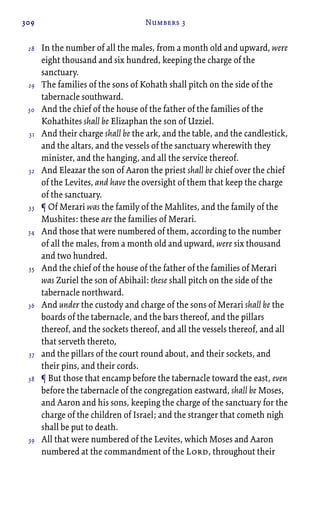 309 Numbers 3
In the number of all the males, from a month old and upward, were
eight thousand and six hundred, keeping the charge of the
sanctuary.
The families of the sons of Kohath shall pitch on the side of the
tabernacle southward.
And the chief of the house of the father of the families of the
Kohathites shall be Elizaphan the son of Uzziel.
And their charge shall be the ark, and the table, and the candlestick,
and the altars, and the vessels of the sanctuary wherewith they
minister, and the hanging, and all the service thereof.
And Eleazar the son of Aaron the priest shall be chief over the chief
of the Levites, and have the oversight of them that keep the charge
of the sanctuary.
¶ Of Merari was the family of the Mahlites, and the family of the
Mushites: these are the families of Merari.
And those that were numbered of them, according to the number
of all the males, from a month old and upward, were six thousand
and two hundred.
And the chief of the house of the father of the families of Merari
was Zuriel the son of Abihail: these shall pitch on the side of the
tabernacle northward.
And under the custody and charge of the sons of Merari shall be the
boards of the tabernacle, and the bars thereof, and the pillars
thereof, and the sockets thereof, and all the vessels thereof, and all
that serveth thereto,
and the pillars of the court round about, and their sockets, and
their pins, and their cords.
¶ But those that encamp before the tabernacle toward the east, even
before the tabernacle of the congregation eastward, shall be Moses,
and Aaron and his sons, keeping the charge of the sanctuary for the
charge of the children of Israel; and the stranger that cometh nigh
shall be put to death.
All that were numbered of the Levites, which Moses and Aaron
numbered at the commandment of the Lord, throughout their
28
29
30
31
32
33
34
35
36
37
38
39
 