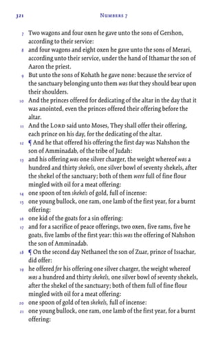 321 Numbers 7
Two wagons and four oxen he gave unto the sons of Gershon,
according to their service:
and four wagons and eight oxen he gave unto the sons of Merari,
according unto their service, under the hand of Ithamar the son of
Aaron the priest.
But unto the sons of Kohath he gave none: because the service of
the sanctuary belonging unto them was that they should bear upon
their shoulders.
And the princes offered for dedicating of the altar in the day that it
was anointed, even the princes offered their offering before the
altar.
And the Lord said unto Moses, They shall offer their offering,
each prince on his day, for the dedicating of the altar.
¶ And he that offered his offering the first day was Nahshon the
son of Amminadab, of the tribe of Judah:
and his offering was one silver charger, the weight whereof was a
hundred and thirty shekels, one silver bowl of seventy shekels, after
the shekel of the sanctuary; both of them were full of fine flour
mingled with oil for a meat offering:
one spoon of ten shekels of gold, full of incense:
one young bullock, one ram, one lamb of the first year, for a burnt
offering:
one kid of the goats for a sin offering:
and for a sacrifice of peace offerings, two oxen, five rams, five he
goats, five lambs of the first year: this was the offering of Nahshon
the son of Amminadab.
¶ On the second day Nethaneel the son of Zuar, prince of Issachar,
did offer:
he offered for his offering one silver charger, the weight whereof
was a hundred and thirty shekels, one silver bowl of seventy shekels,
after the shekel of the sanctuary; both of them full of fine flour
mingled with oil for a meat offering:
one spoon of gold of ten shekels, full of incense:
one young bullock, one ram, one lamb of the first year, for a burnt
offering:
7
8
9
10
11
12
13
14
15
16
17
18
19
20
21
 
