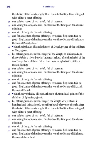 323 Numbers 7
the shekel of the sanctuary; both of them full of fine flour mingled
with oil for a meat offering:
one golden spoon of ten shekels, full of incense:
one young bullock, one ram, one lamb of the first year, for a burnt
offering:
one kid of the goats for a sin offering:
and for a sacrifice of peace offerings, two oxen, five rams, five he
goats, five lambs of the first year: this was the offering of Shelumiel
the son of Zurishaddai.
¶ On the sixth day Eliasaph the son of Deuel, prince of the children
of Gad, offered:
his offering was one silver charger of the weight of a hundred and
thirty shekels, a silver bowl of seventy shekels, after the shekel of the
sanctuary; both of them full of fine flour mingled with oil for a
meat offering:
one golden spoon of ten shekels, full of incense:
one young bullock, one ram, one lamb of the first year, for a burnt
offering:
one kid of the goats for a sin offering:
and for a sacrifice of peace offerings, two oxen, five rams, five he
goats, five lambs of the first year: this was the offering of Eliasaph
the son of Deuel.
¶ On the seventh day Elishama the son of Ammihud, prince of the
children of Ephraim, offered:
his offering was one silver charger, the weight whereof was a
hundred and thirty shekels, one silver bowl of seventy shekels, after
the shekel of the sanctuary; both of them full of fine flour mingled
with oil for a meat offering:
one golden spoon of ten shekels, full of incense:
one young bullock, one ram, one lamb of the first year, for a burnt
offering:
one kid of the goats for a sin offering:
and for a sacrifice of peace offerings, two oxen, five rams, five he
goats, five lambs of the first year: this was the offering of Elishama
the son of Ammihud.
38
39
40
41
42
43
44
45
46
47
48
49
50
51
52
53
 