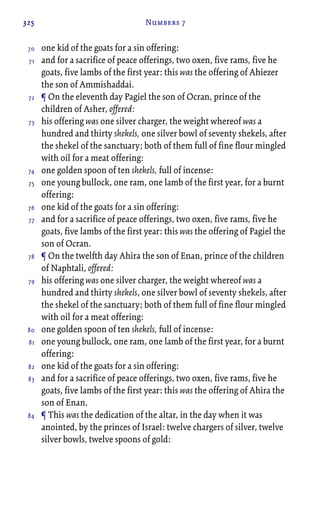 325 Numbers 7
one kid of the goats for a sin offering:
and for a sacrifice of peace offerings, two oxen, five rams, five he
goats, five lambs of the first year: this was the offering of Ahiezer
the son of Ammishaddai.
¶ On the eleventh day Pagiel the son of Ocran, prince of the
children of Asher, offered:
his offering was one silver charger, the weight whereof was a
hundred and thirty shekels, one silver bowl of seventy shekels, after
the shekel of the sanctuary; both of them full of fine flour mingled
with oil for a meat offering:
one golden spoon of ten shekels, full of incense:
one young bullock, one ram, one lamb of the first year, for a burnt
offering:
one kid of the goats for a sin offering:
and for a sacrifice of peace offerings, two oxen, five rams, five he
goats, five lambs of the first year: this was the offering of Pagiel the
son of Ocran.
¶ On the twelfth day Ahira the son of Enan, prince of the children
of Naphtali, offered:
his offering was one silver charger, the weight whereof was a
hundred and thirty shekels, one silver bowl of seventy shekels, after
the shekel of the sanctuary; both of them full of fine flour mingled
with oil for a meat offering:
one golden spoon of ten shekels, full of incense:
one young bullock, one ram, one lamb of the first year, for a burnt
offering:
one kid of the goats for a sin offering:
and for a sacrifice of peace offerings, two oxen, five rams, five he
goats, five lambs of the first year: this was the offering of Ahira the
son of Enan.
¶ This was the dedication of the altar, in the day when it was
anointed, by the princes of Israel: twelve chargers of silver, twelve
silver bowls, twelve spoons of gold:
70
71
72
73
74
75
76
77
78
79
80
81
82
83
84
 